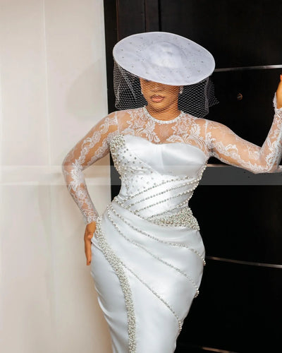 Flavinke Maßgeschneiderte Standesamt-Brautkleider für die Braut O-Ausschnitt Langarm Tee-Länge Perlen Aso Ebi Brautkleider Robes de mariée