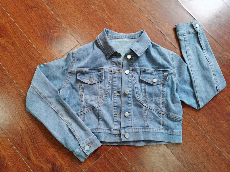 Autumn Outfits for Women 2024 Denim Jacket Shorts Two Piece Sets Streetwear Diamonds Distressed Short Pants Buttons Coat Suit