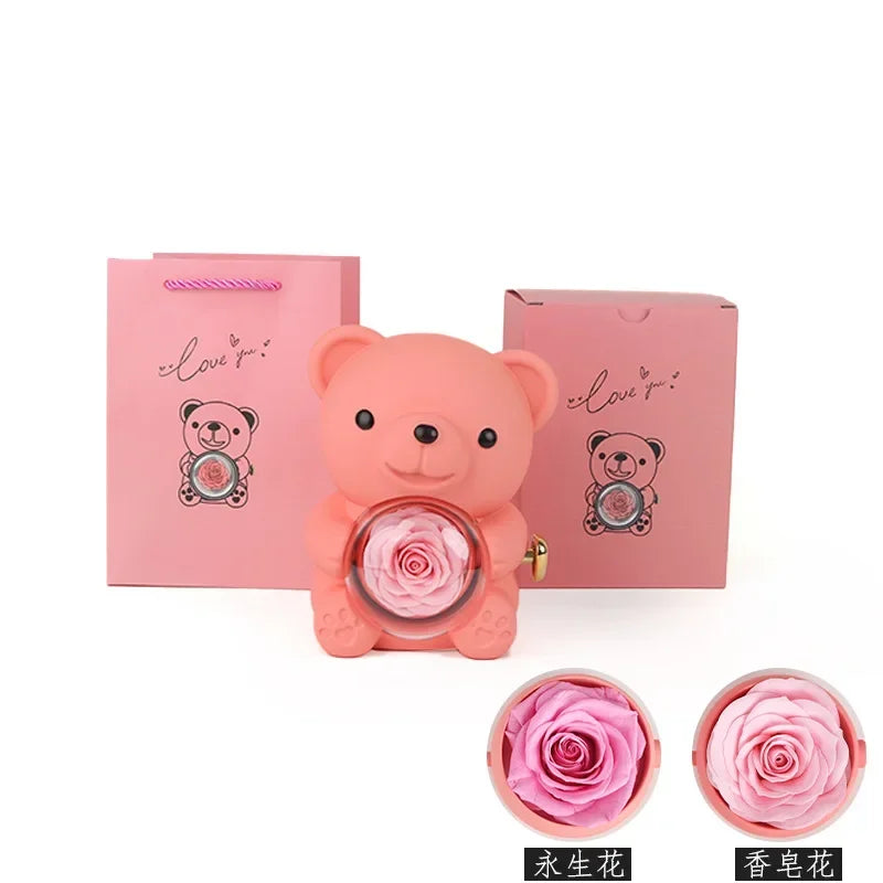 Valentinstag Rose Hug Bär Schmuckkästchen Echte Ewige Rosen Geschenke für Freundin Frauen Ehefrau Muttertag Geburtstag Jahrestag