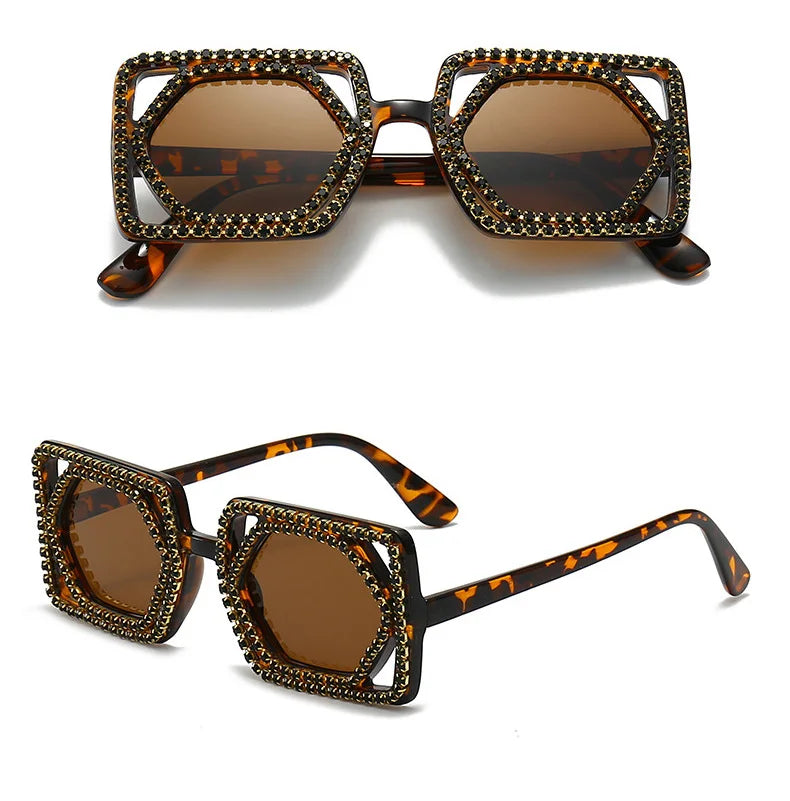 Quadratische Luxus Diamanten Sonnenbrille Damen Punk Mode Strass Sonnenbrille Weiblich Glänzend Sexy Gelbe Linse Brille Schatten Handgemacht