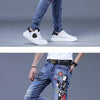 Fashion Printed Jeans Men's Korean Brand Embroidery Badge Pattern Youth Ripped Small Feet Teenagers Cowboy Pencil Pants