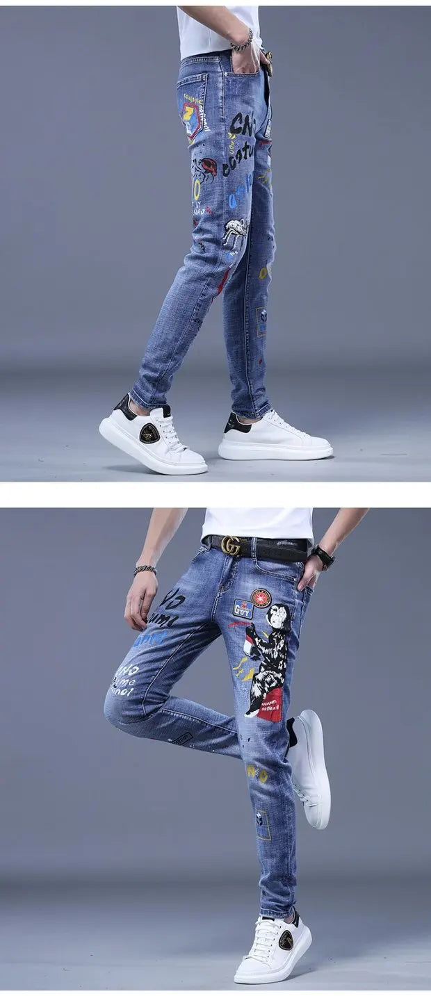 Fashion Printed Jeans Men's Korean Brand Embroidery Badge Pattern Youth Ripped Small Feet Teenagers Cowboy Pencil Pants