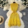 Joskaa 2025 Summer Women Elegant Round Neck Sleeveless Tassels Hem Bodycon Mini Knitted Dress Holiday Beach Party Clubwear
