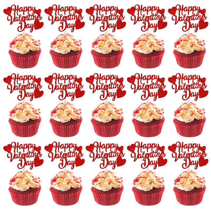 YOMDID 24tlg. Happy Valentines Day Cupcake Toppers Glitzer Rot Dekorationen Valentinstag Cupcake Spieße Geschenk zum Valentinstag