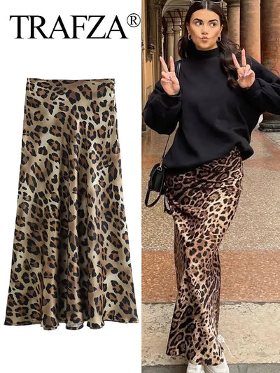TRAFZA 2024 Damen Mode Leopardenmuster Rock Vintage High Waist Midiröcke Elegante Damen Sommer Freizeit Streetwear Rock
