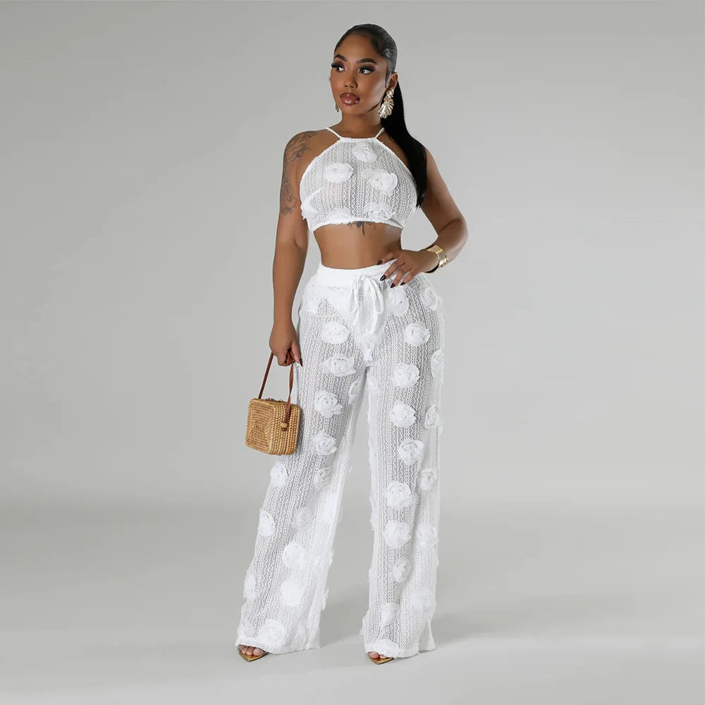 Women Two Piece Pant Sets Sexy Hollow Out Vest Sleeveless Tanks Tops Splice Long Pants Drawstring Streetwear Summer 2025