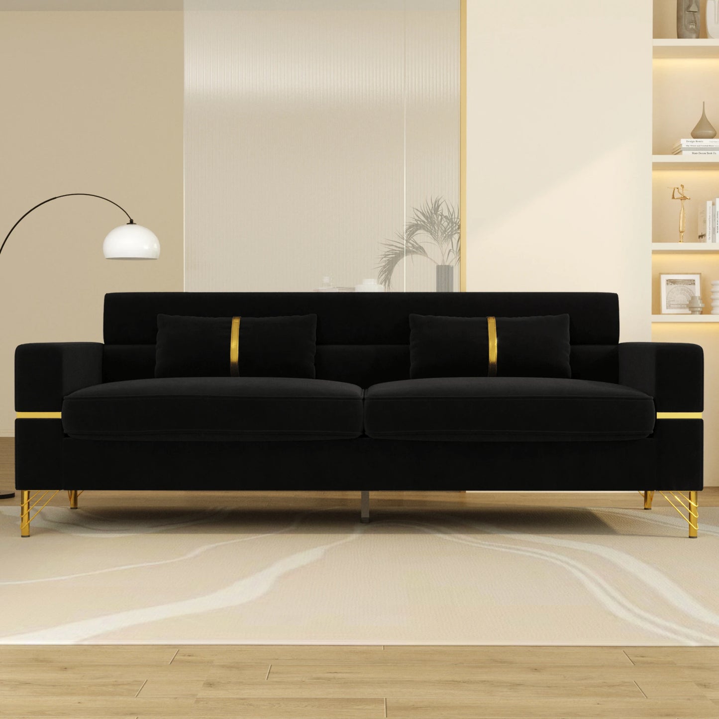 86-Zoll-Samtsofa mit goldenen Beinen – Bequemes Sofa, Loungesofa, 3-Sitzer-Couch – Luxuriöses Samtsofa für die Wohnzimmereinrichtung