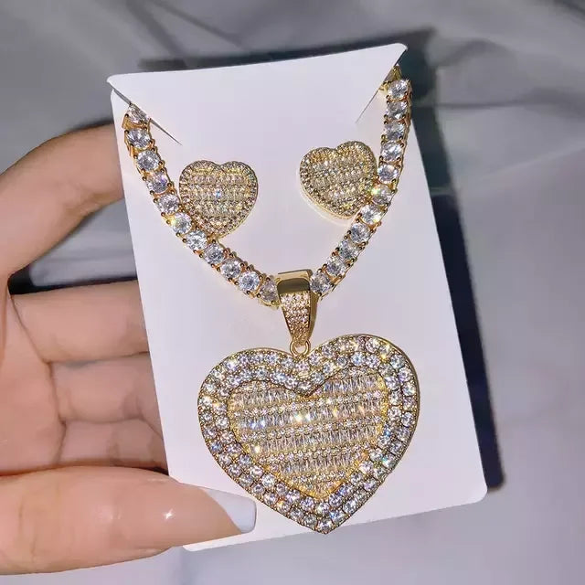 Auf Lager Iced Out Bling Damen Schmuck 5A Weißer Zirkonia Herzanhänger Halskette Mit Tennis Box Chain