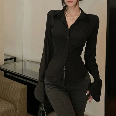 Mode Frauen Bandage Hemden Koreanisch All Match Streetwear Weibliche Schlanke Bluse Frühling Lässige Weiße Glockenärmel Hemd Neu