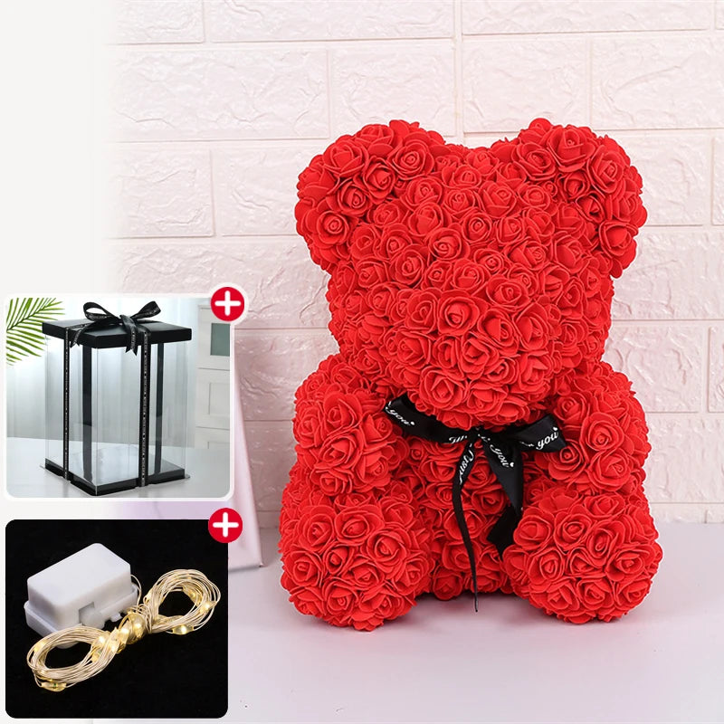 Valentinstagsgeschenke Dekoration Rosenbär Künstliche Blume mit Box Lichter Teddybär für Frauen Freundin Geburtstagsgeschenk Liebesblume