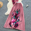 Two Pieces Women Dress Sets Solid Matching Sets V Neck Printing Top High Waist Pleat Dress Loose Fit Casual 2025 Autumn Winter