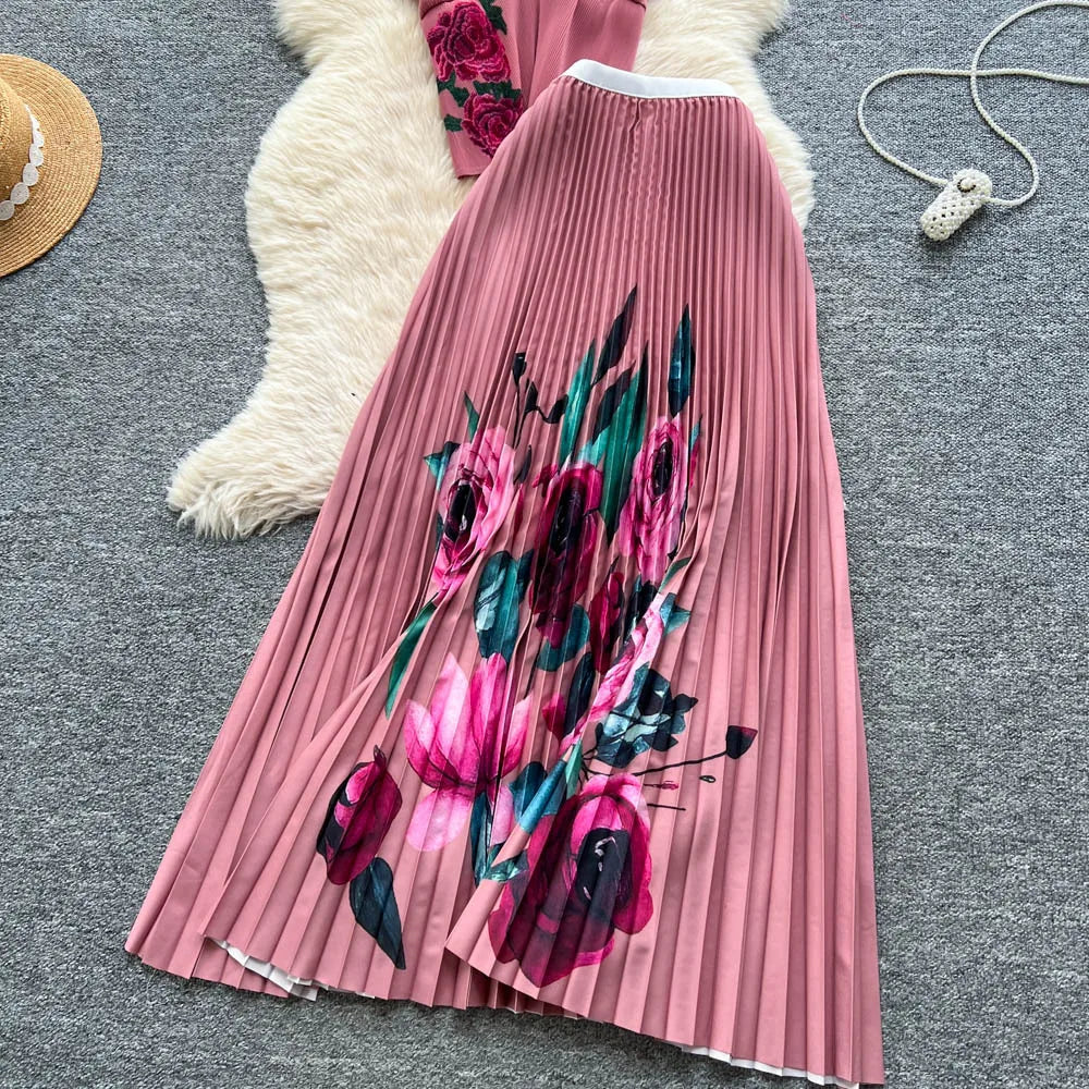 Two Pieces Women Dress Sets Solid Matching Sets V Neck Printing Top High Waist Pleat Dress Loose Fit Casual 2025 Autumn Winter