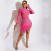 Sexy Perlen Strass Partykleider Damen Eleganz Nachtclub Feder Geburtstagskleid Langarm Mesh Sheer Bodycon Minikleid