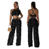 Women Two Piece Pant Sets Sexy Hollow Out Vest Sleeveless Tanks Tops Splice Long Pants Drawstring Streetwear Summer 2025
