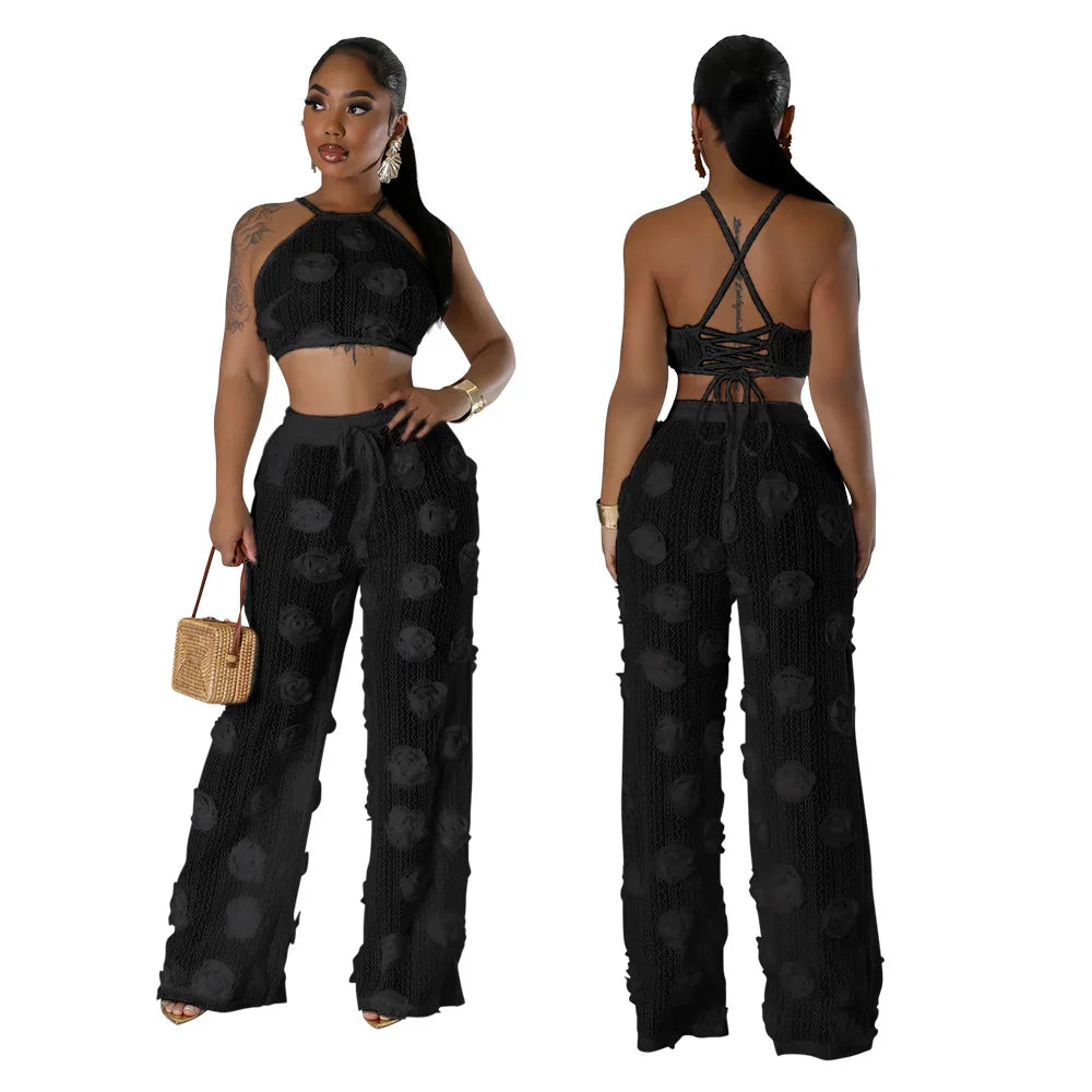 Women Two Piece Pant Sets Sexy Hollow Out Vest Sleeveless Tanks Tops Splice Long Pants Drawstring Streetwear Summer 2025
