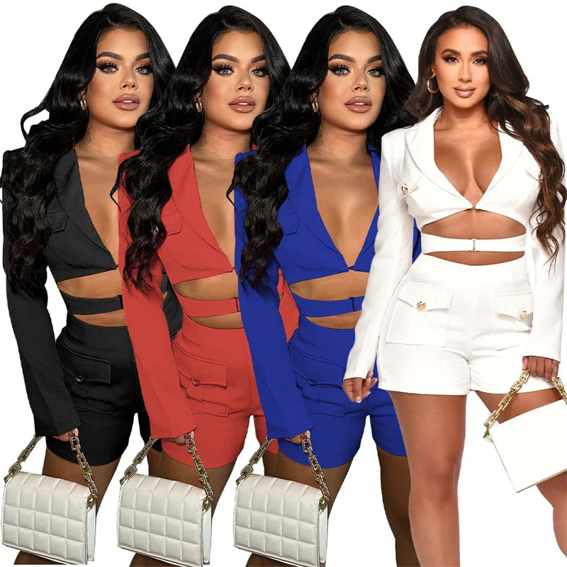 Elegante stilvolle Blazer-Strampler Damen Jumpsuit Shorts Langarm Hohl Bodycon Playsuit Einteiler Club Outfits