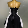 2025New Women Flower Decoration Strapless Black White Stripe Bandage Short Dress Cocktail Party Elegant Evening Club Party Dress