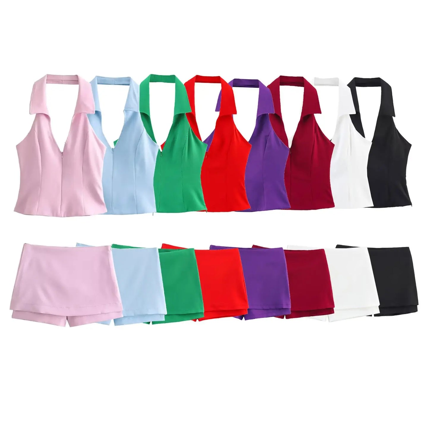 HH Women Pink 2 Piece Set Sexy V-Neck Sleeveless Backless Suspender Zipper Top+High Waist Back Pocket Mini Skirts Shorts Y2K