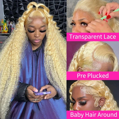 40 Zoll Gelockte 613 Honigblonde Lace Front Echthaarperücke, Lockere Tiefe Welle 13x6 HD Wasserwelle Farbe Transparente Lace Frontal Perücke