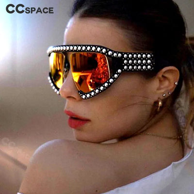 45448 Brille Sonnenbrille Damen Luxus Shades Perlenbrille Fassung Rot Verspiegelte Brille Übergroße UV400 Markenbrille Damen