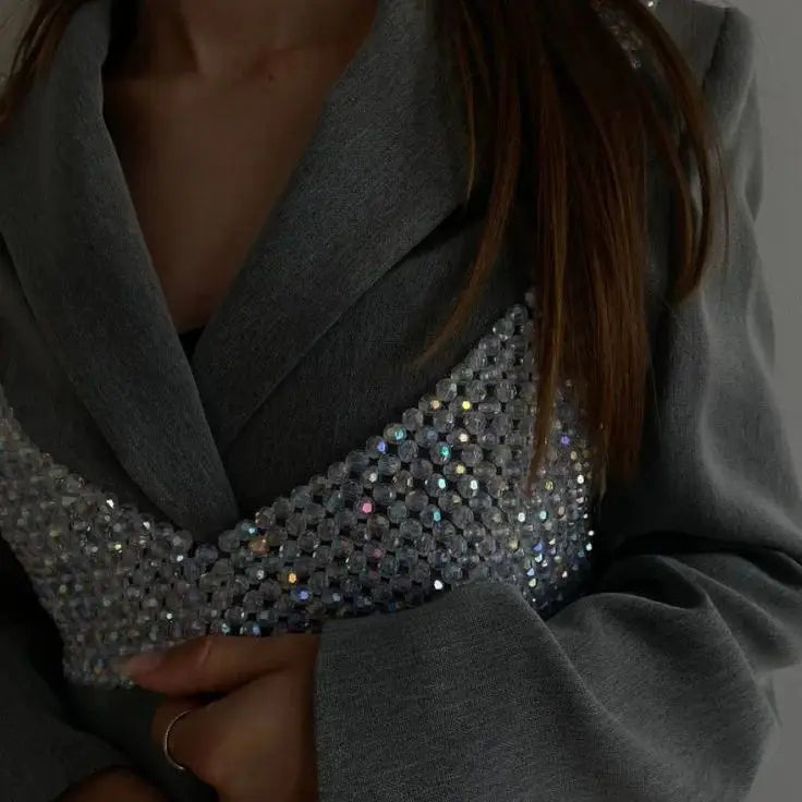 Handmade Crystal Top Women Fashion Beaded Bra Beading Tops Ladies Pearl Cape Smock Outwear Woman Celebrity Covery Top
