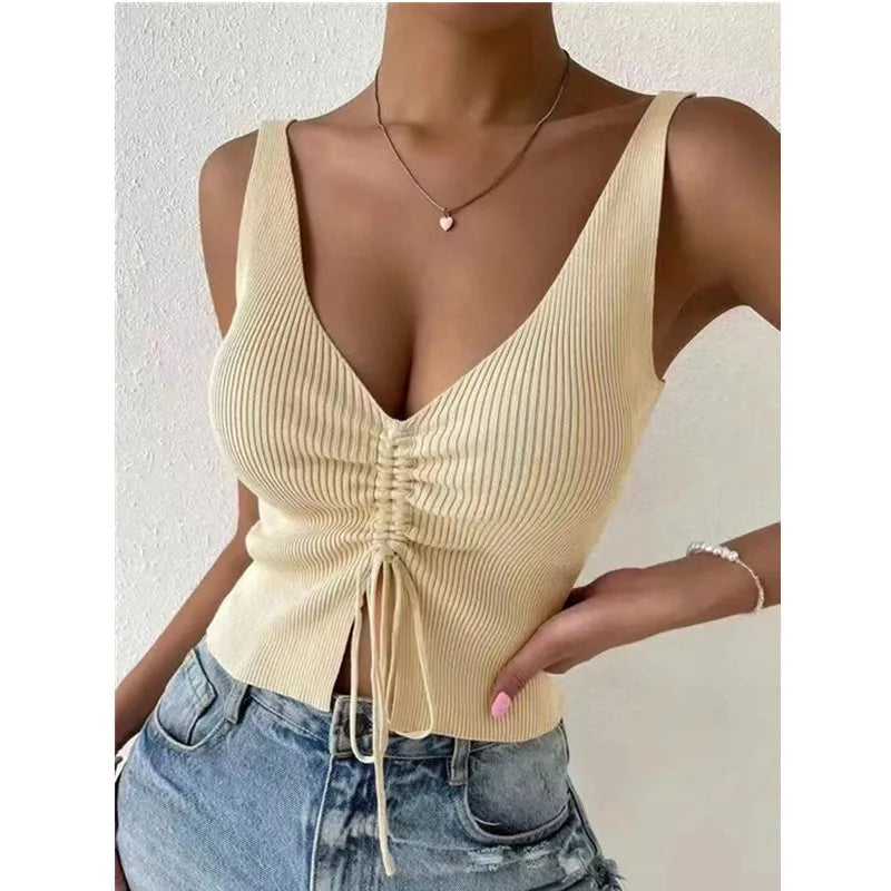 New Summer Women Drawstring Front Ribbed Knit Tops Femme Sexy V Neck Sleeveless Crop Top Clothes High Stretch Split Cropped Tank
