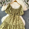 2024 Neues Sommer Blumenmuster Maxikleid Damen Vintage Eckiger Ausschnitt Geraffte Brust Schärpe Bandage Sommerkleid Partykleid