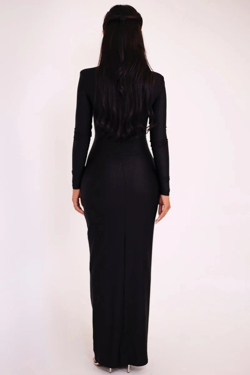 Articat Sexy Hohl Saum Langarm Elastisches Enges Kleid Damen Falten Doppellagig Weibliche Vestidos Elegantes Party Abendkleid