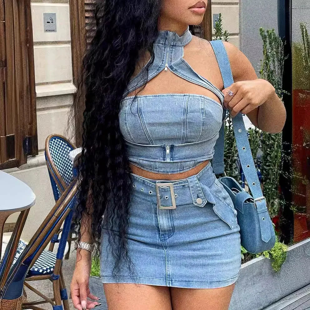 Denim Dress Sets Mini Wrap Buttocks Dress Slim Sheath Solid Two Pieces Sashes Sexy Pullover Tops Washed High Street Spliced