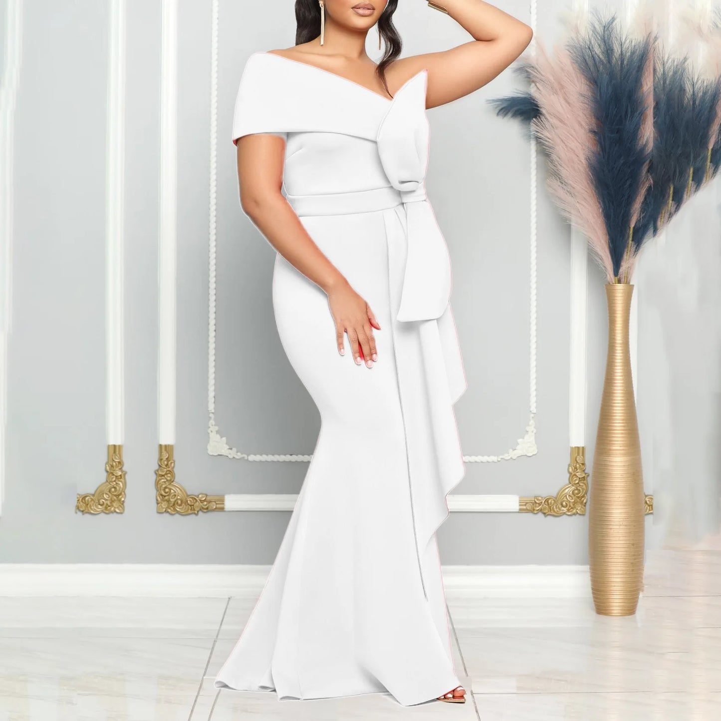 Elegante Kleider für Damen, One Shoulder, ärmellos, Rüschen, Meerjungfrauen-Schnitt, bodenlang, luxuriös, für Geburtstagsfeiern, Dinner, Vestidos Mujer Kleid