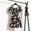 Damen Minikleider Sommer Mode Damenkleider Bedruckte Chiffonkleider mit Blumenmuster, gerafft, plissiert, kurze Puffärmel, Freizeitkleid
