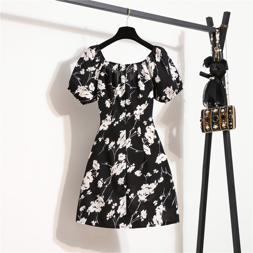 Damen Minikleider Sommer Mode Damenkleider Bedruckte Chiffonkleider mit Blumenmuster, gerafft, plissiert, kurze Puffärmel, Freizeitkleid