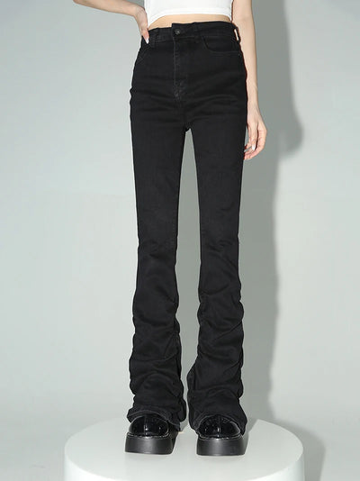 REDDACHiC Schwarze geraffte Schlagjeans Damen Solide Stretch Bootcut Stacked Hose High Waist Harajuku Goth Grunge Y2k Kleidung