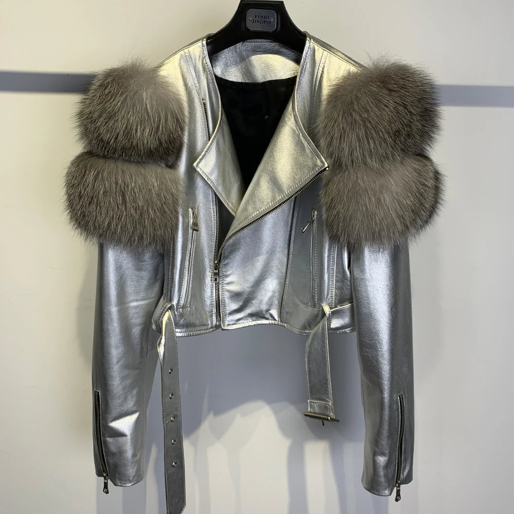 GO BALLISTIC YA Women Leather Jacket With Fur Sleeve Fashion Ladies Crop Jacket