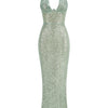 Sexy Neckholder Maxikleid mit tiefem V-Ausschnitt, Pailletten, Damen, Grün, Ärmellos, Rückenfrei, Pailletten, Schlankes langes Kleid, Celebrity Partykleider