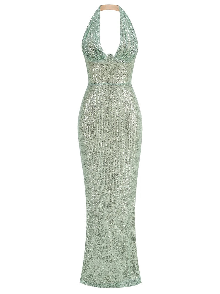 Sexy Neckholder Maxikleid mit tiefem V-Ausschnitt, Pailletten, Damen, Grün, Ärmellos, Rückenfrei, Pailletten, Schlankes langes Kleid, Celebrity Partykleider