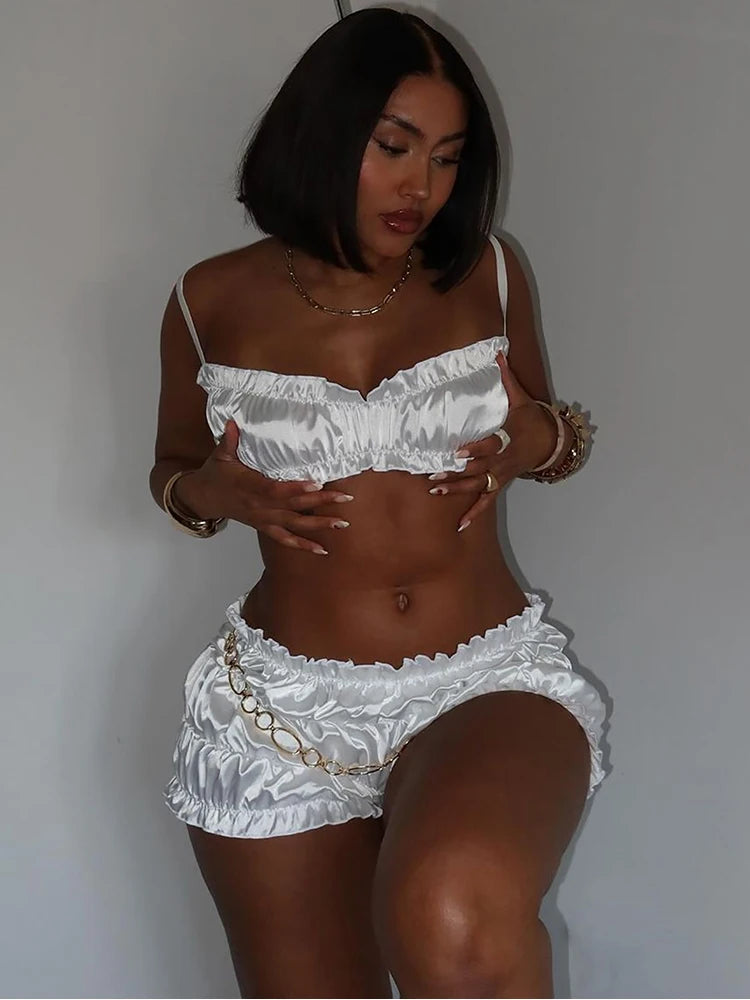 Dulzura Women'S 2 Piece Pleats Shorts Set Sleeveless Strappy Crop Tops And Sexy Shorts Matching Set Party Club