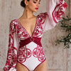 Flaxmaker Long Sleeves Majolica Series Pattern Print One Piece Swimsuit Biquini Beachwear Women Sexy Bikini Sets Swimsuit