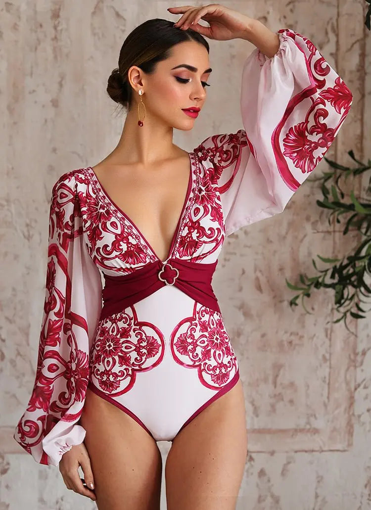 Flaxmaker Long Sleeves Majolica Series Pattern Print One Piece Swimsuit Biquini Beachwear Women Sexy Bikini Sets Swimsuit