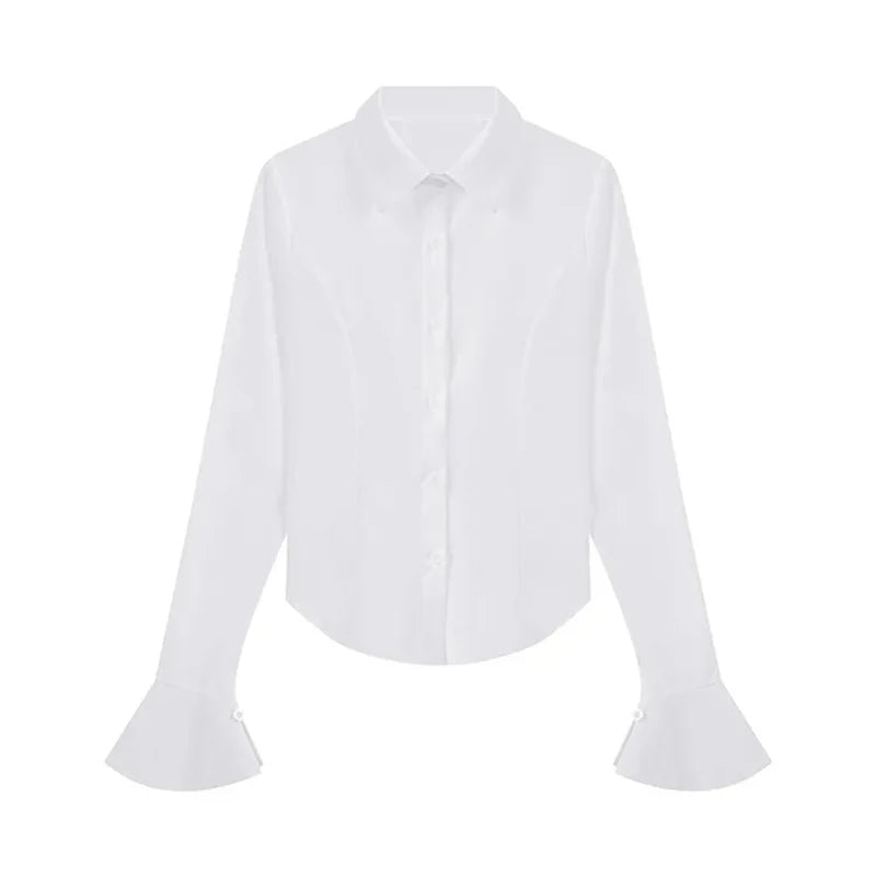 Gidyq Fashion Women Bandage Shirts Korean All Match Streetwear Female Slim Blouse Spring Casual White Bell Sleeve Shirt New