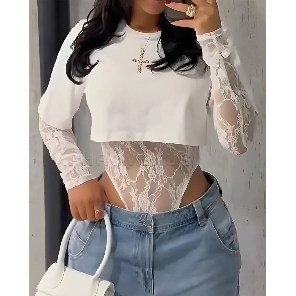 Sexy Lace Bodysuit T-Shirt 2-Piece Set Women's Fashion Lingerie Y2K Streetwear Outfit Casual Summer Clothes S-XXL