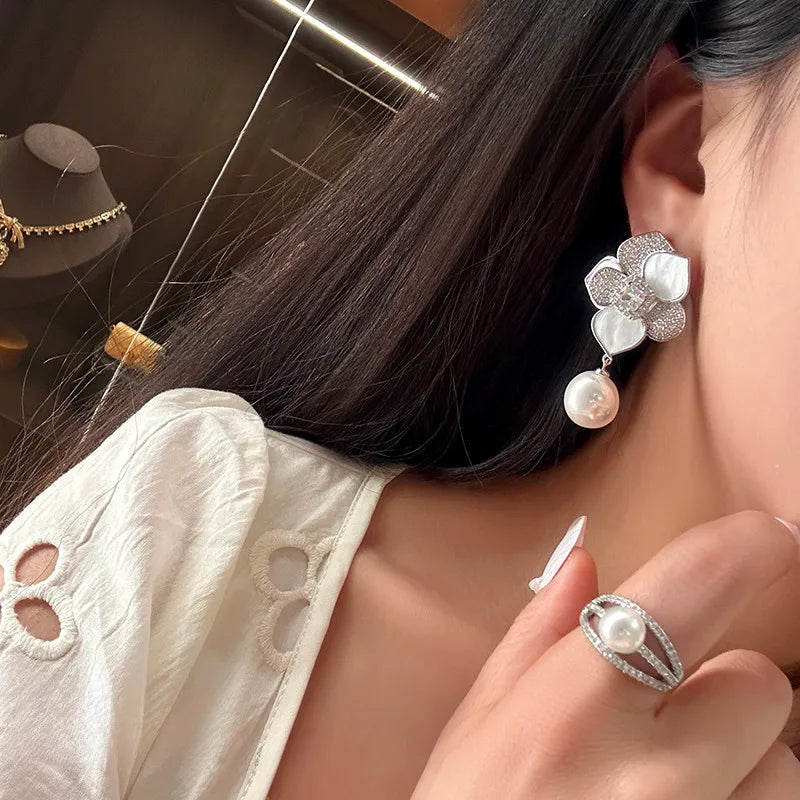 Fashion Flower Zircon Pearl Earrings