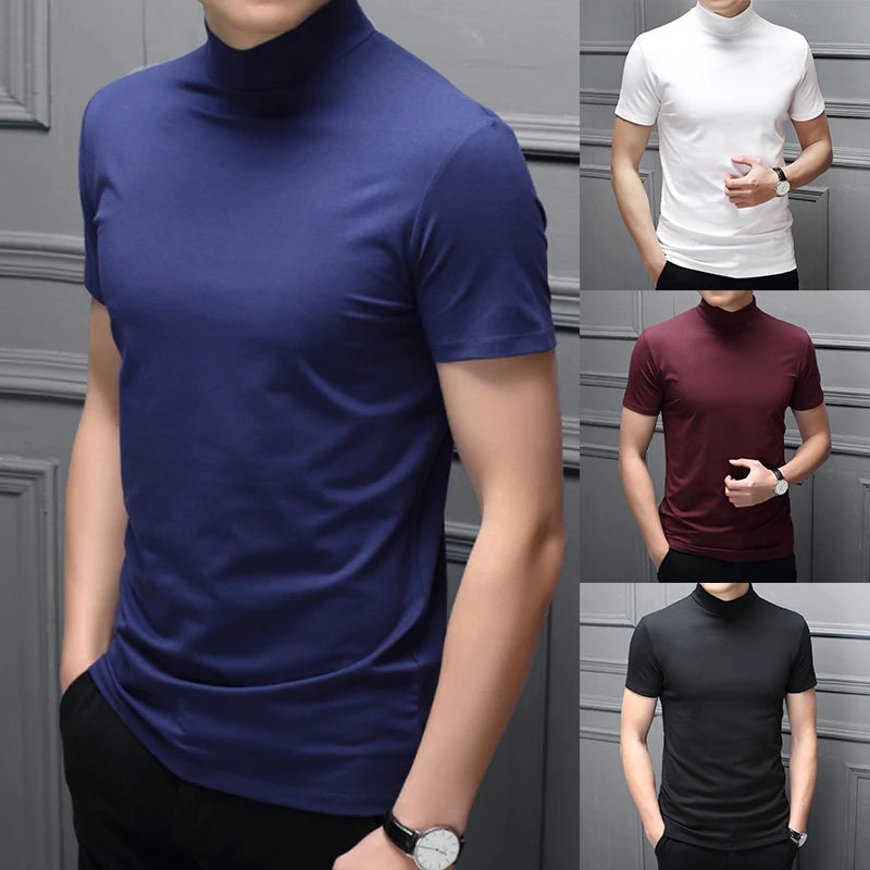 2022 Trend Summer Men Half high Collar Mercerized Cotton Short Sleeve Slim Body T-Shirt Men Solid Color Modale High Collar