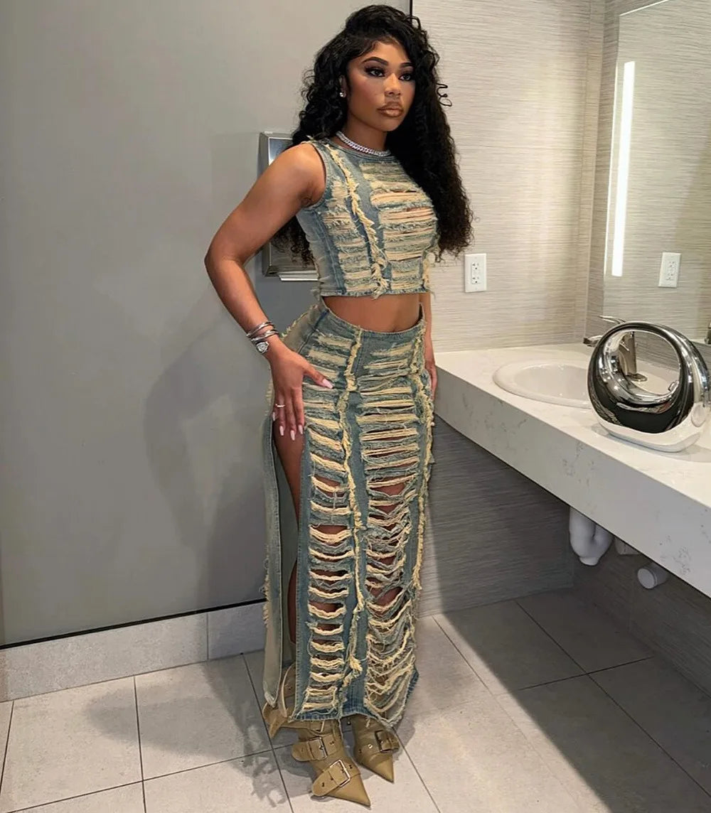 FAGADOER Fashion Streetwear Women Denim Hole Hollow Sleeveless Crop Top And Side Slit Skirts Two Piece Sets Sexy Cowboy Outfits