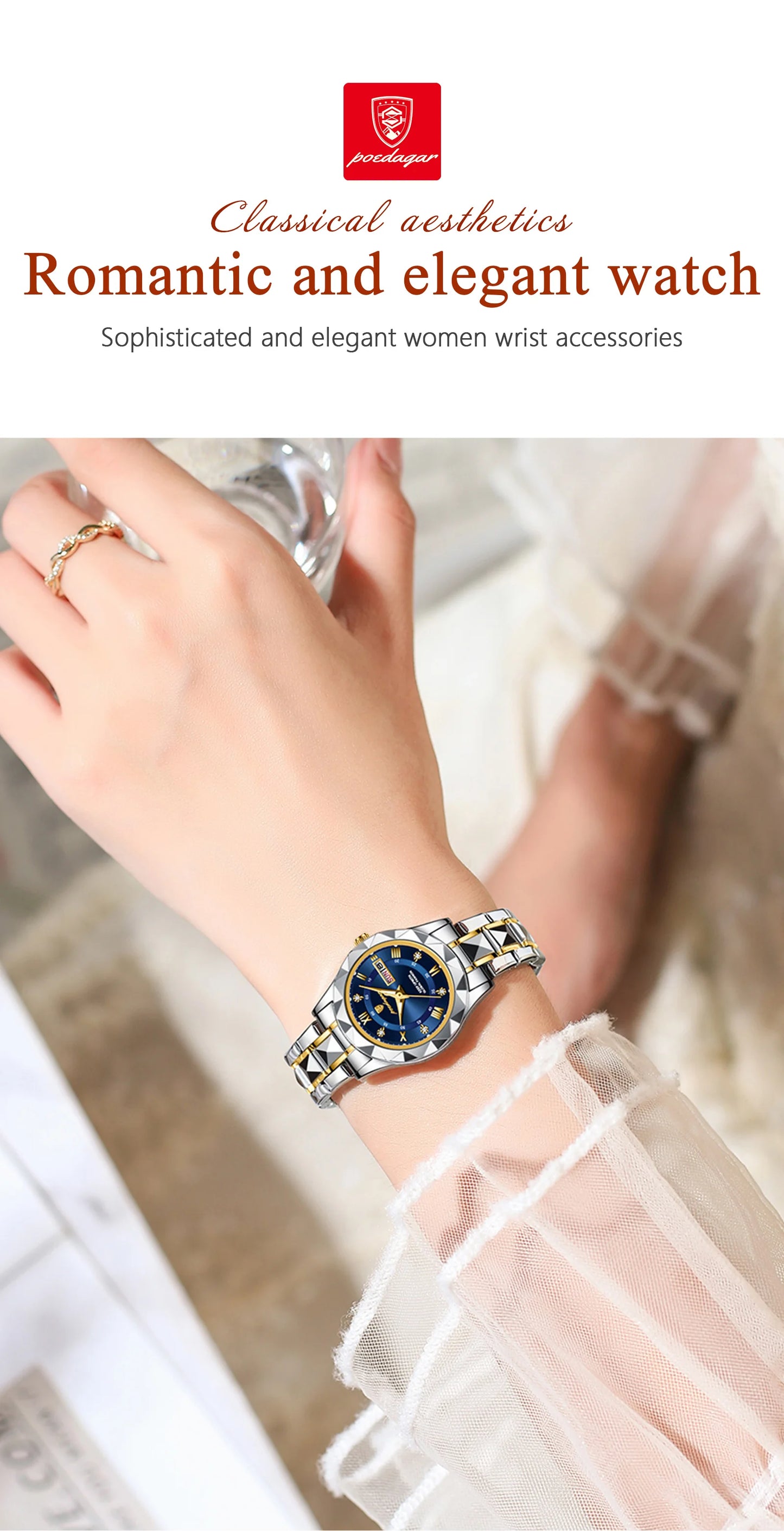 POEDAGAR Luxuriöse Damen-Kleideruhr, leuchtend, wasserdicht, Wochen- und Datumsanzeige, Damenarmbanduhr, Edelstahl-Damenquarzuhr reloj+box