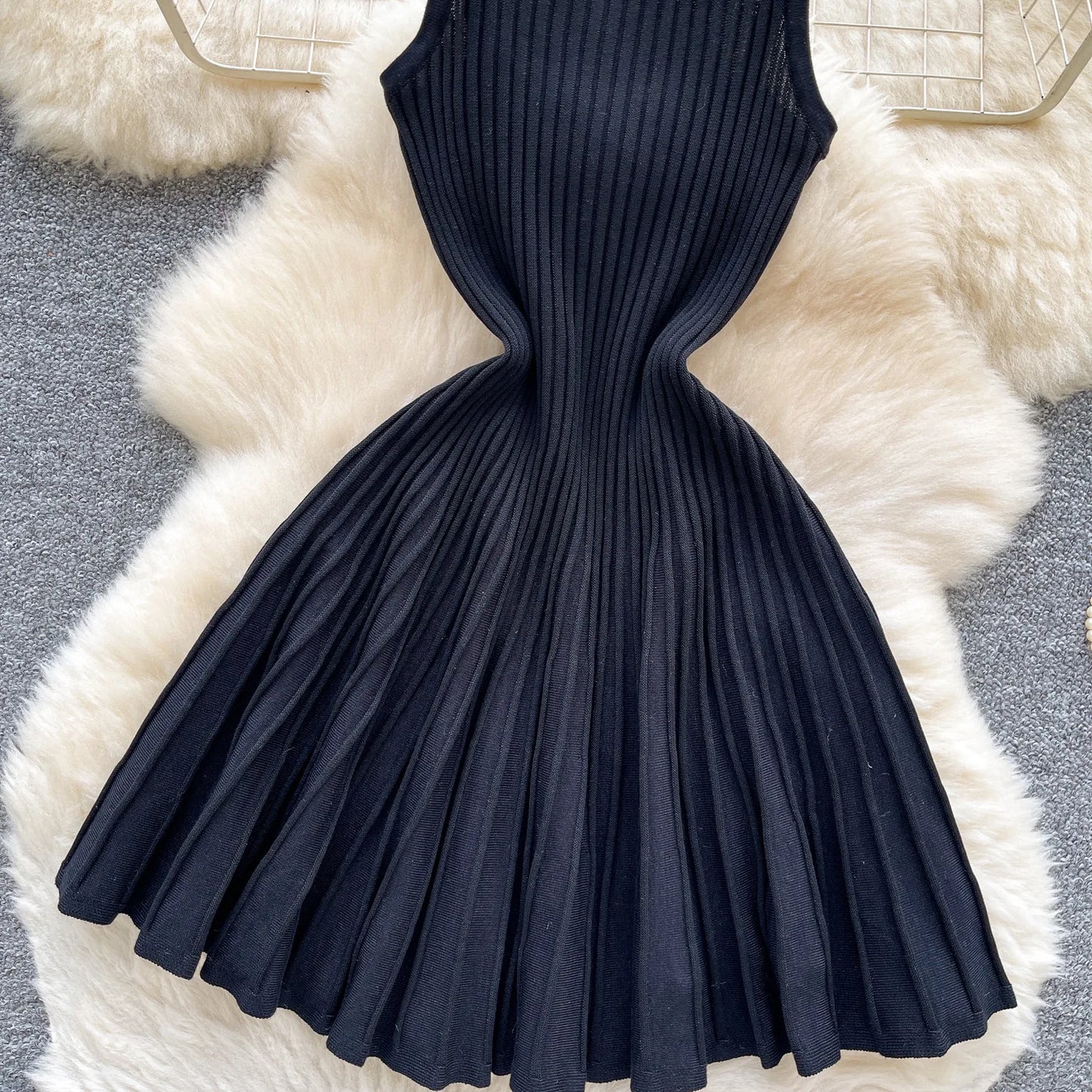 Joskaa 2026 Autumn Retro Striped Knit Dress Women Elegant Pleated Waist Slim Low Cut Sleeveless A-line Slip Dress Streetwear