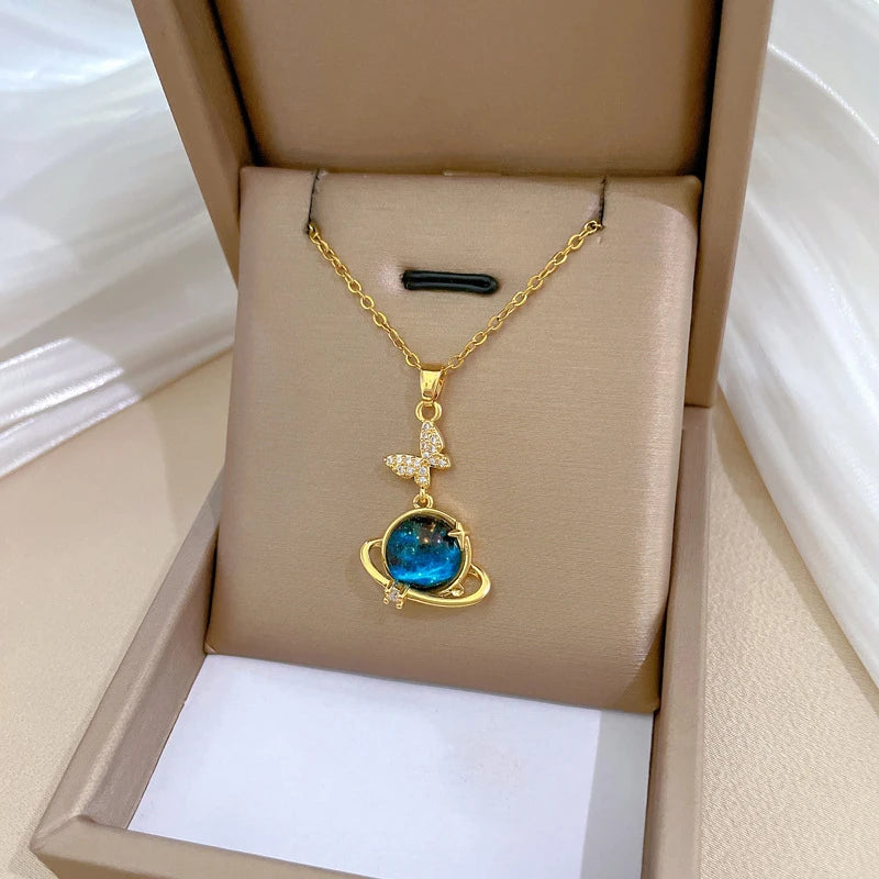 Stainless Steel Zircon Planet Star Pendant Necklace For Women Elegant Aesthetic Clavicle Chain Necklace Jewelry Party Gift