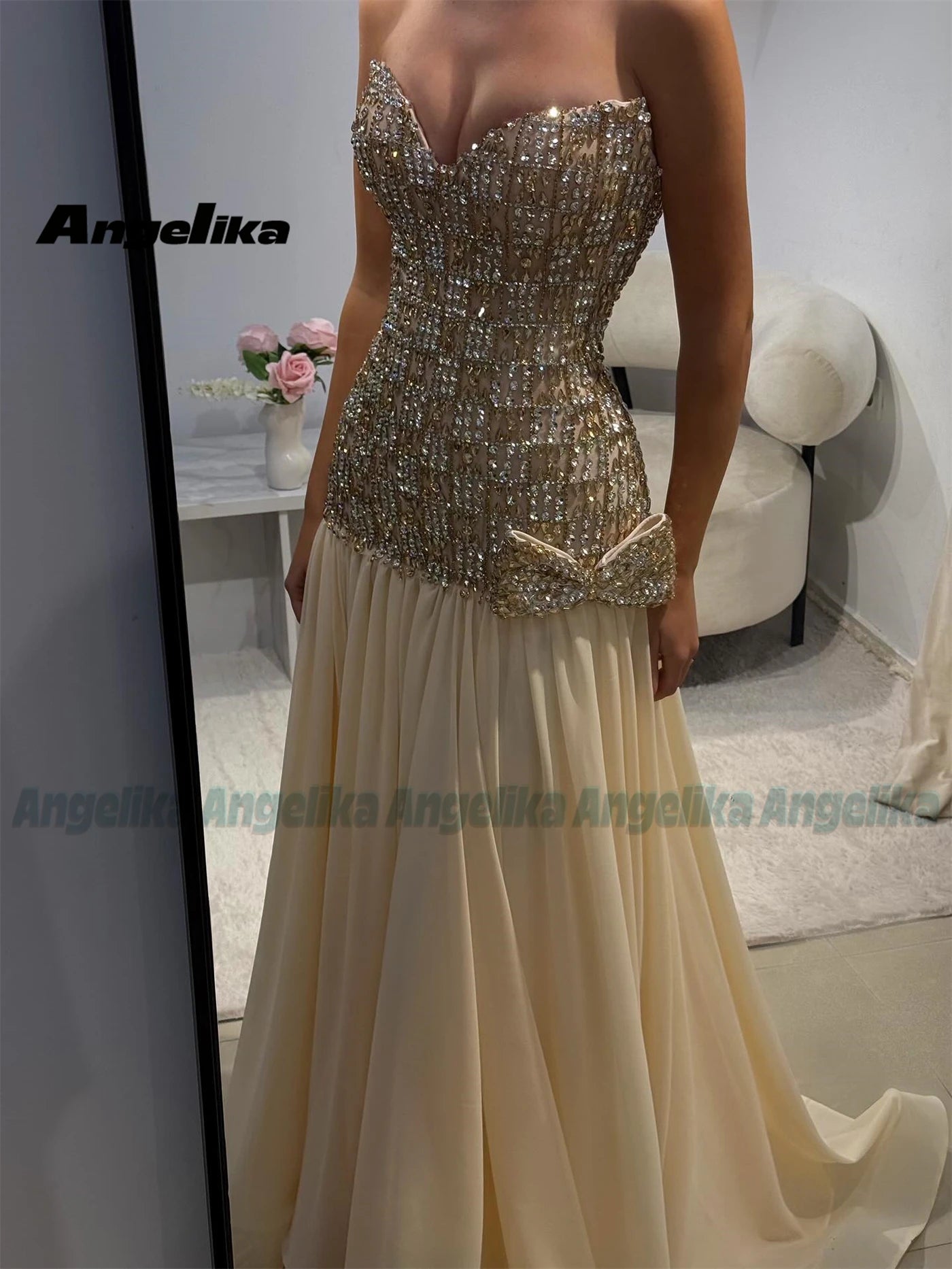 Angelika Exquisite A-line Evening Dresses for Women Rhinestones Pleated Bow Graduation Party Gowns Vestido de Gala Customized