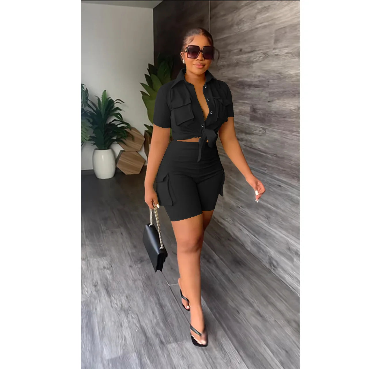 CM.YAYA INS Women's Set Short Sleeve Pocket Front Shirt and Pocket Side Shorts Suit 2023 Cargo Two 2 Piece Set Outfit Tracksuits