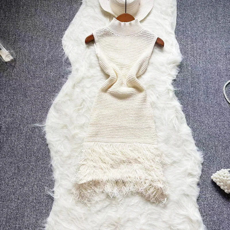 Fashion Tassel Knitted Short Sundress Women Sleeveless Stand Neck Elastic Bodycon Dress Beach Streetwear Bodycon Mini Dress